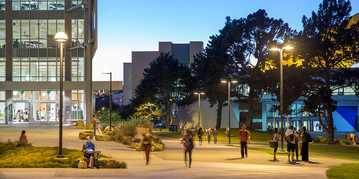 Photo of SF State quad at twilight