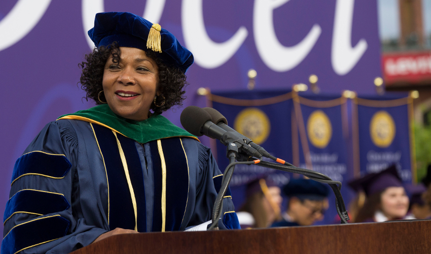 Photo of Ramona Tascoe speaking at San Francisco State Commencement