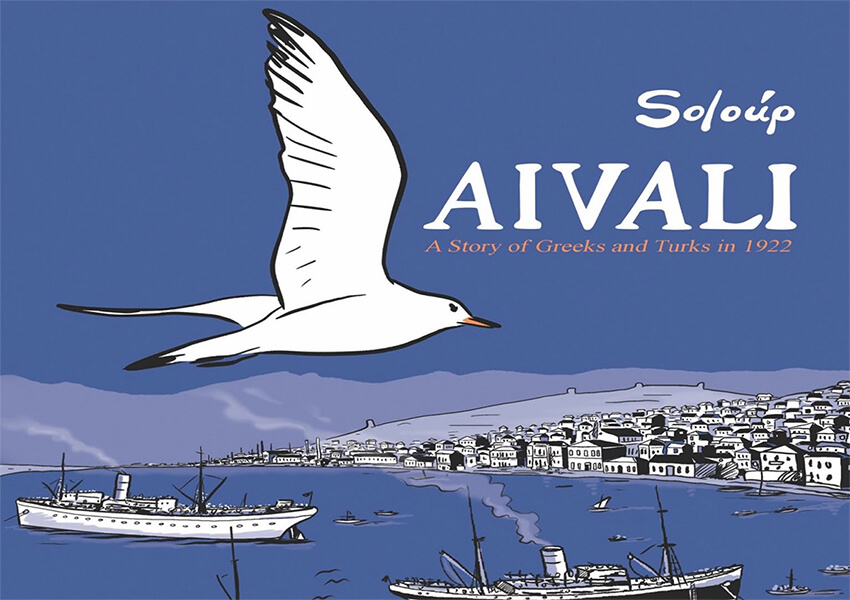 Drawing of a bird flying above a city from cover of Soloup's Aivali: A Graphic Novel about Greeks and Turks in 1922