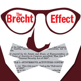 Graphic image for The Brecht Effect of man in glasses and mouth taped shut