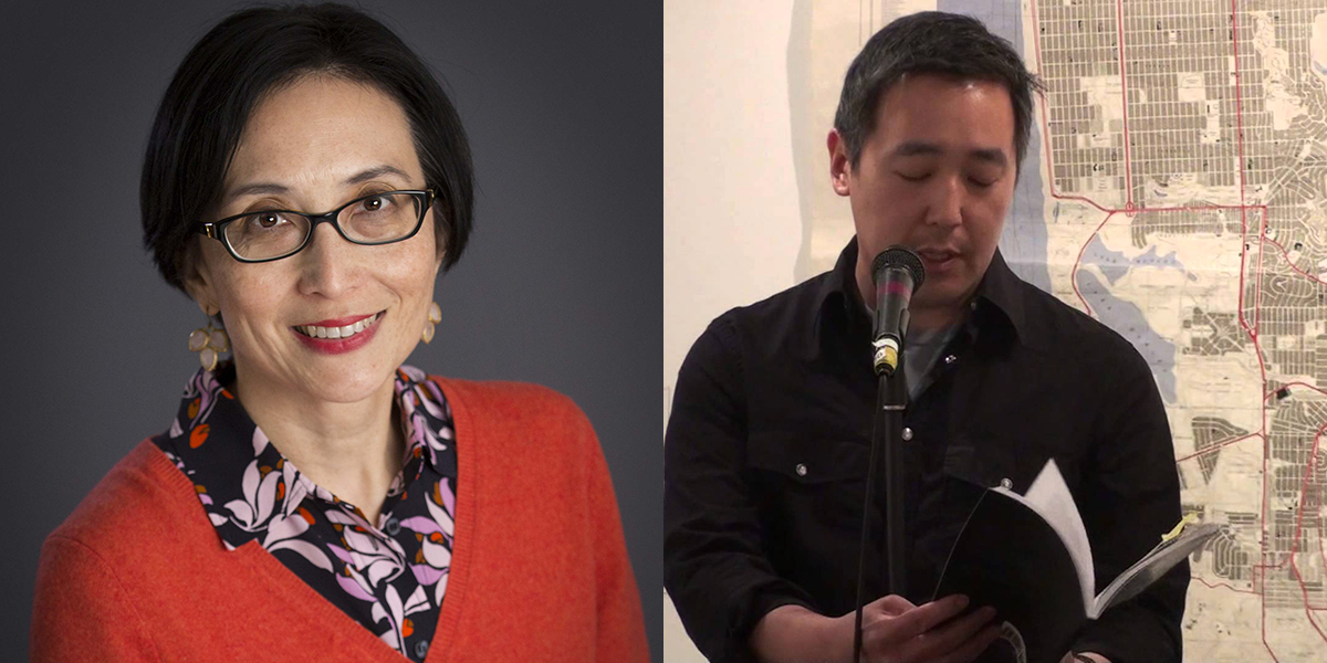 Photo of May-lee Chai and photo of Junse Kim reading his poetry