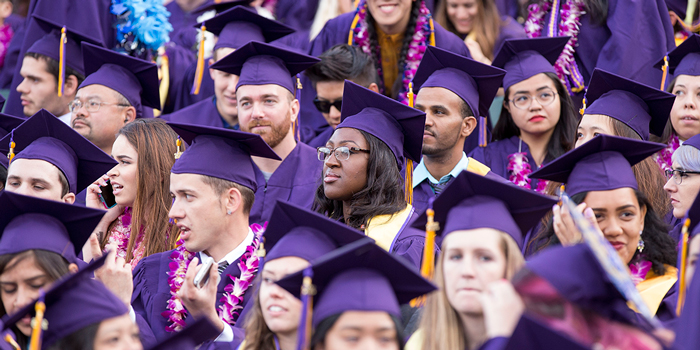 Photo of students wearing purple gowns at Commencement