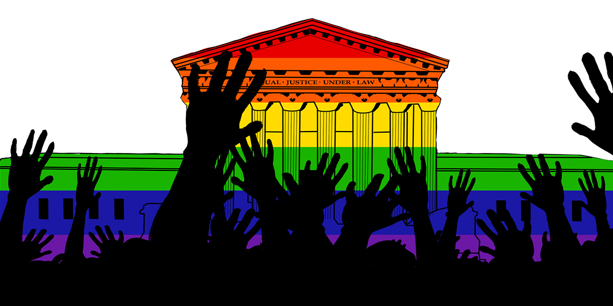 Rainbow image of Congress building with hands raised