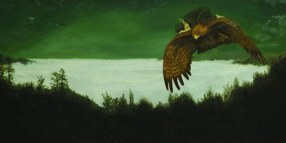 Naeemeh Naeemaei's painting of an eagle flying near a body of water and wooded area