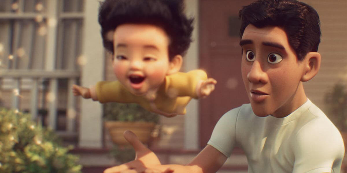 Still from animated film Float of father letting his baby float above his hands