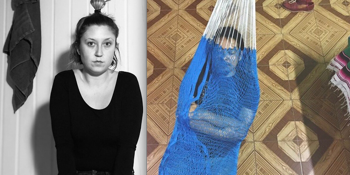 Hannah Kezema standing in front of a wall and Angel Dominguez laying in a blue hammock