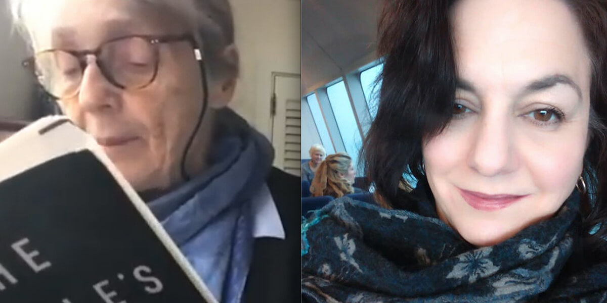 Fanny Howe reading a book and Linda Norton taking a selfie