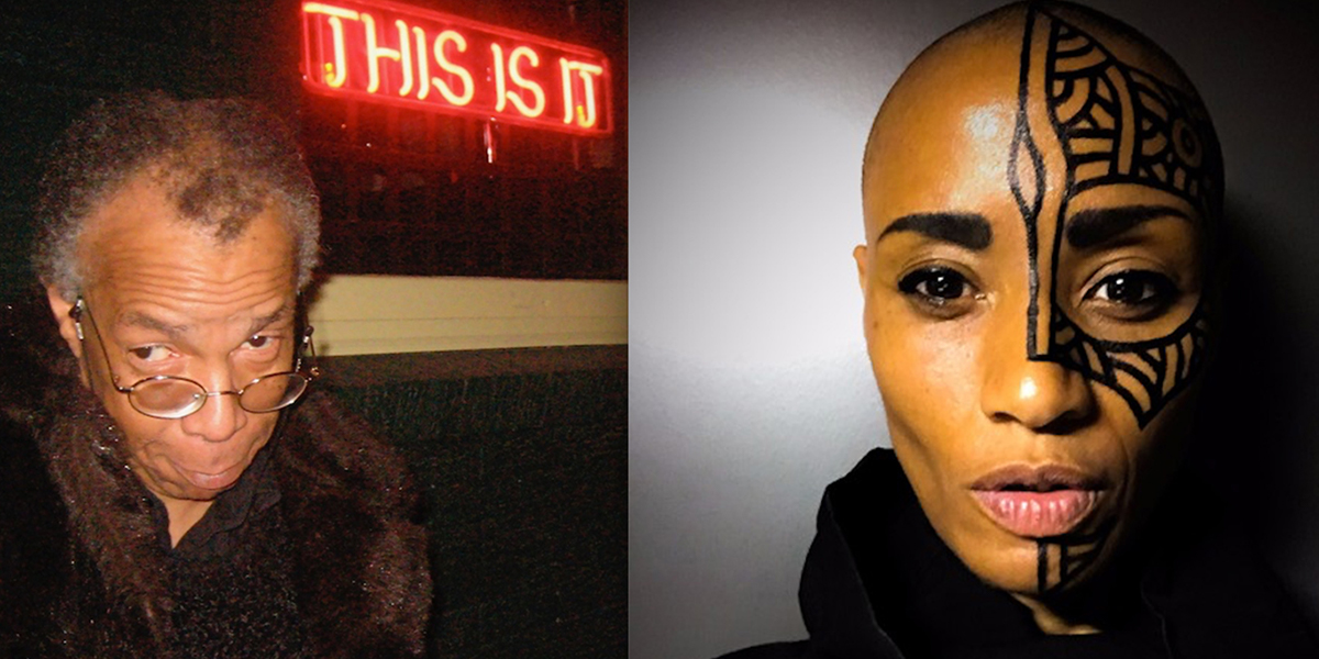 Photo of Darius James next to neon This Is It sign and photo of Val Jeanty with tribal art on left side of her face