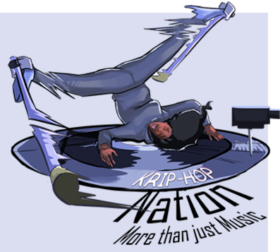 Drawing of person breakdancing on top of a vinyl record with text Krip-Hop Nation More than just Music