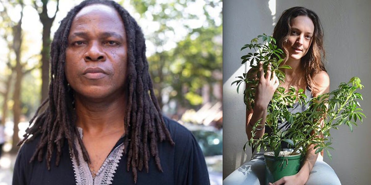 Uche Nduka standing outside and Sophia Dahlin sitting and holding a house plant