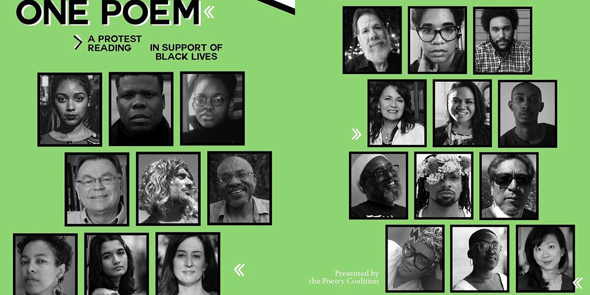 Poster for One Poem, a Protest Reading in Support of Black Lives, with photos of 21 poets
