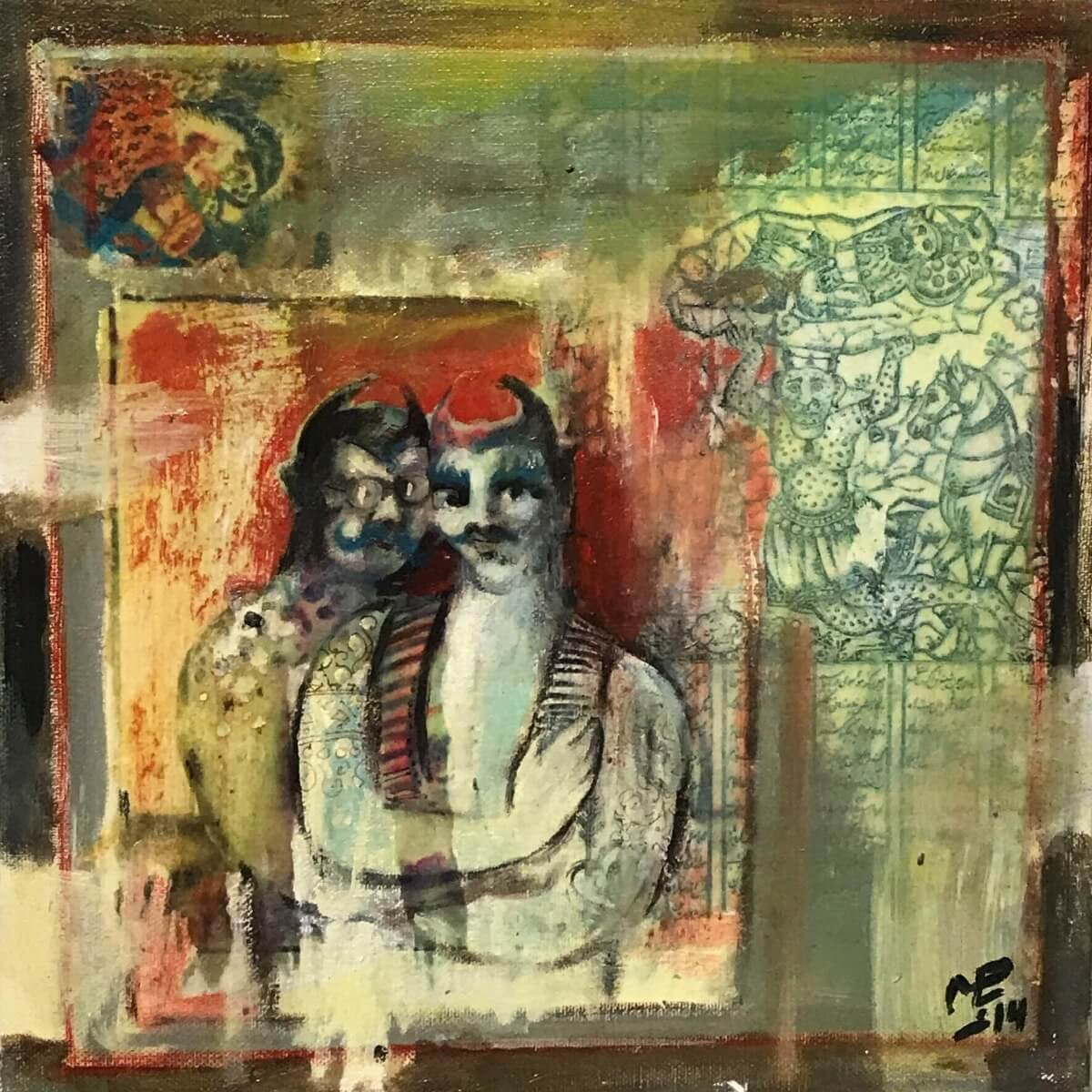 Painting of two men with devils horns embracing