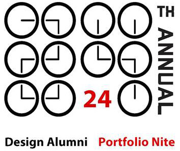 Image of clocks with text stating 24th annual Design Alumni Portfolio Night