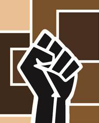 Graphic image of raised black fist in front of background with rectangles in several shades of brown