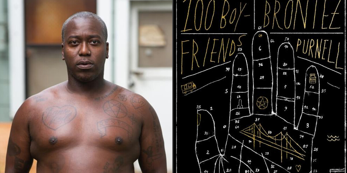 Brontez Purnell standing outdoors shirtless and the cover of his book 100 Boyfriends