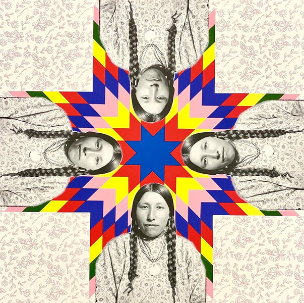 Lithograph featuring four images of a woman and tribal designs