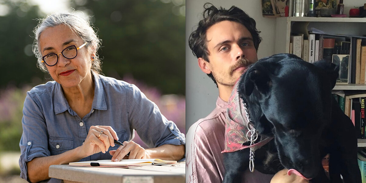 Cristina Rivera Garza sitting at a table outdoors and Kit Schluter sitting with a dog on his lap