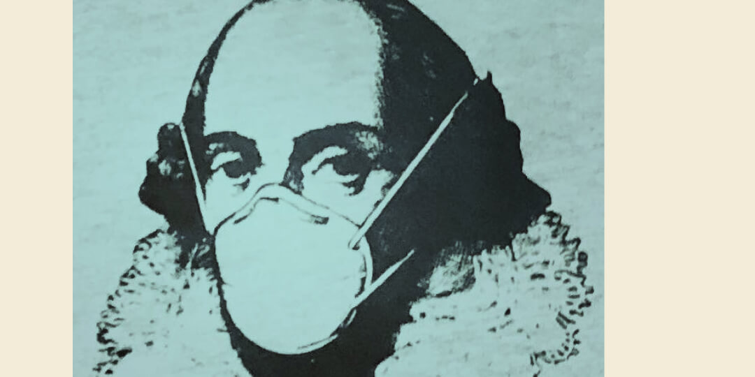 Turquoise tinted graphic image of William Shakespeare wearing a cloth face mask