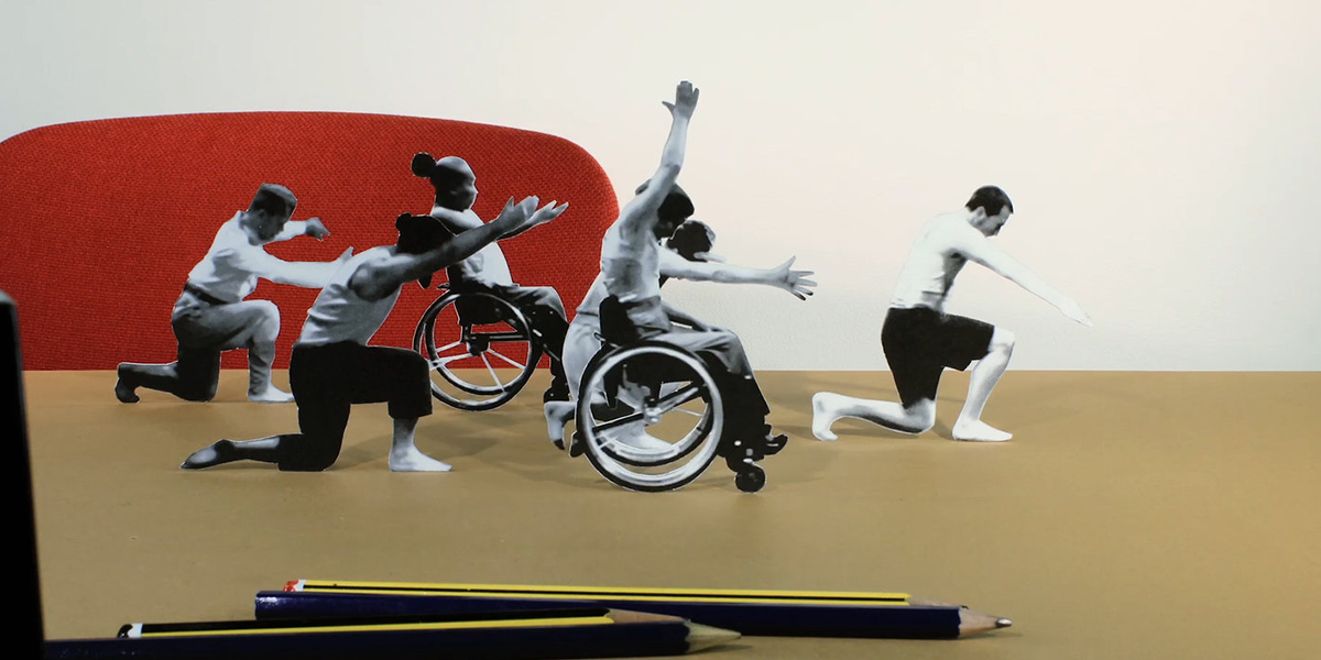 A closeup of a stop-motion collage of a troupe of disabled and non-disabled dancers