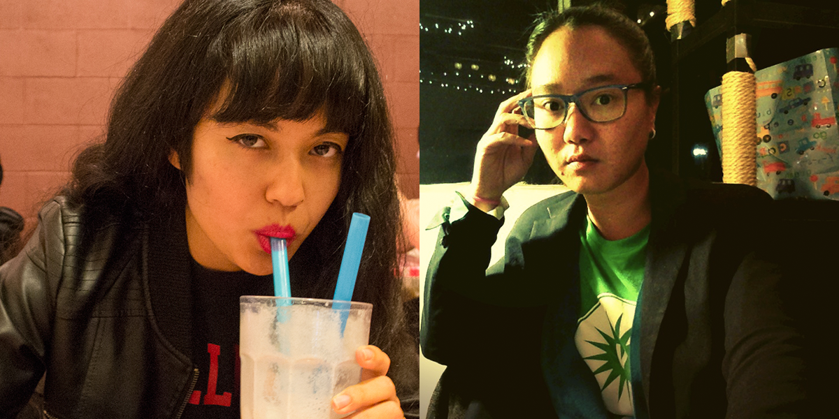 Photo of Jackie Wang sipping a milkshake and photo of Lily Hoang seated