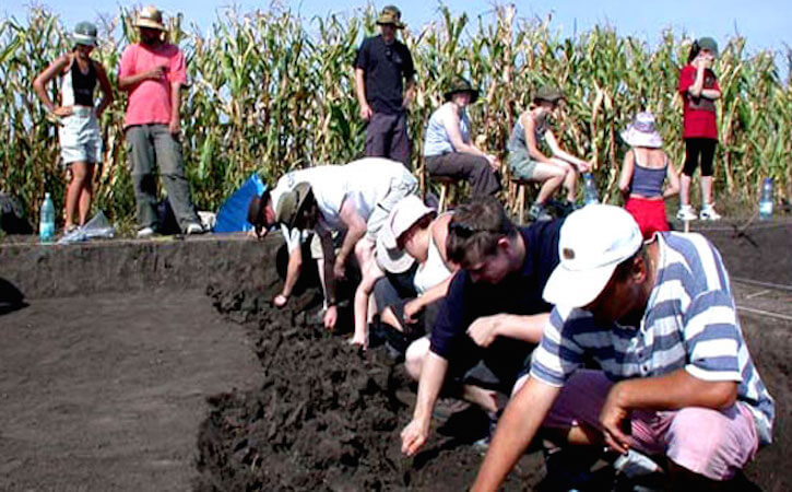 People dig up dirt in a cornfield while others watch