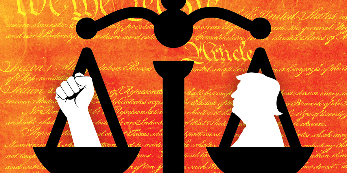 Image of law scales with clenched fist and silhouette of President Trump