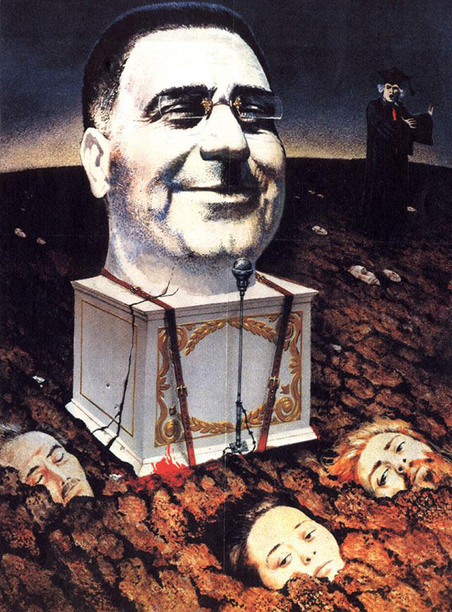 Image of enlarged Stalin head on statue, heads buried in ground