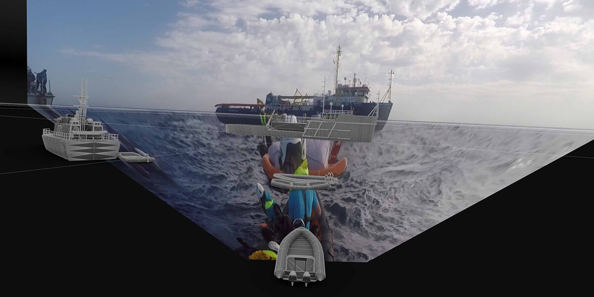 Image projected onto a 3D model to reconstruct scenes of search-and-rescue operations carried out by the Libyan Coastguard and Sea Watch vessels
