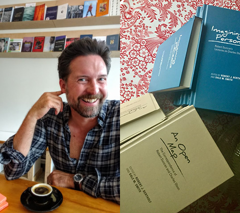 Photo of Dale Smith in a cafe and photo of Dale Smith's books