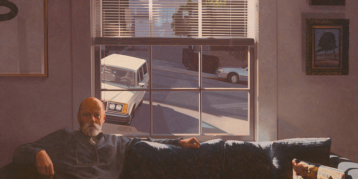 Image of Robert Bechtle's photorealist oil painting, a self-portrait sitting on a couch near a window looking to a street with a Volvo parked on the curb