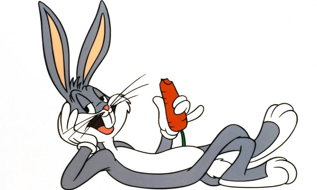 Image of an unclothed Bugs Bunny laying down and holding a carrot