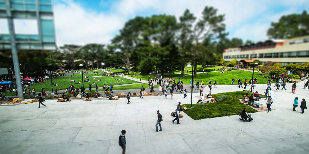 Photo of San Francisco State quad, Library and Business Building