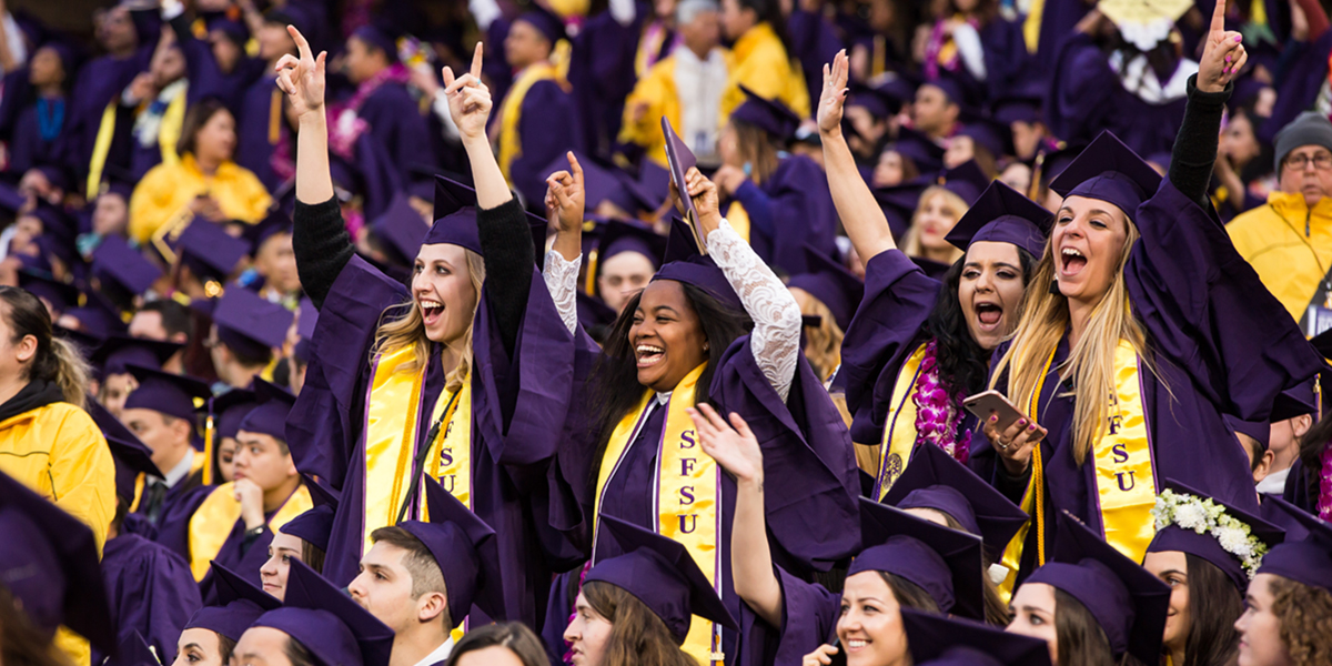 Photo of graduates celebrating at San Francisco State's 2018 Commencement
