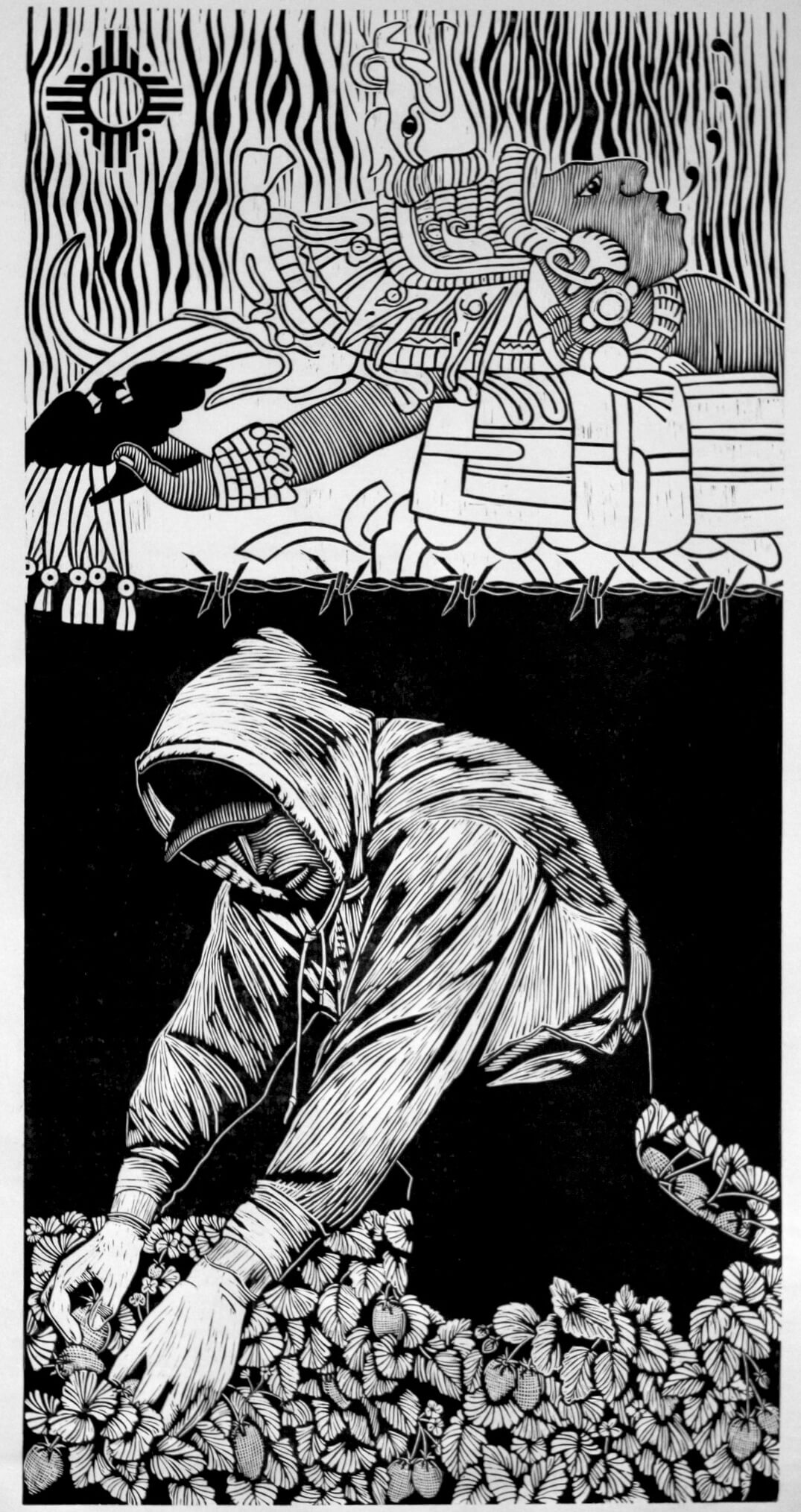 Black and white image of Juan Fuentes' diptych mural depicting strawberry picker and Aztec warrior