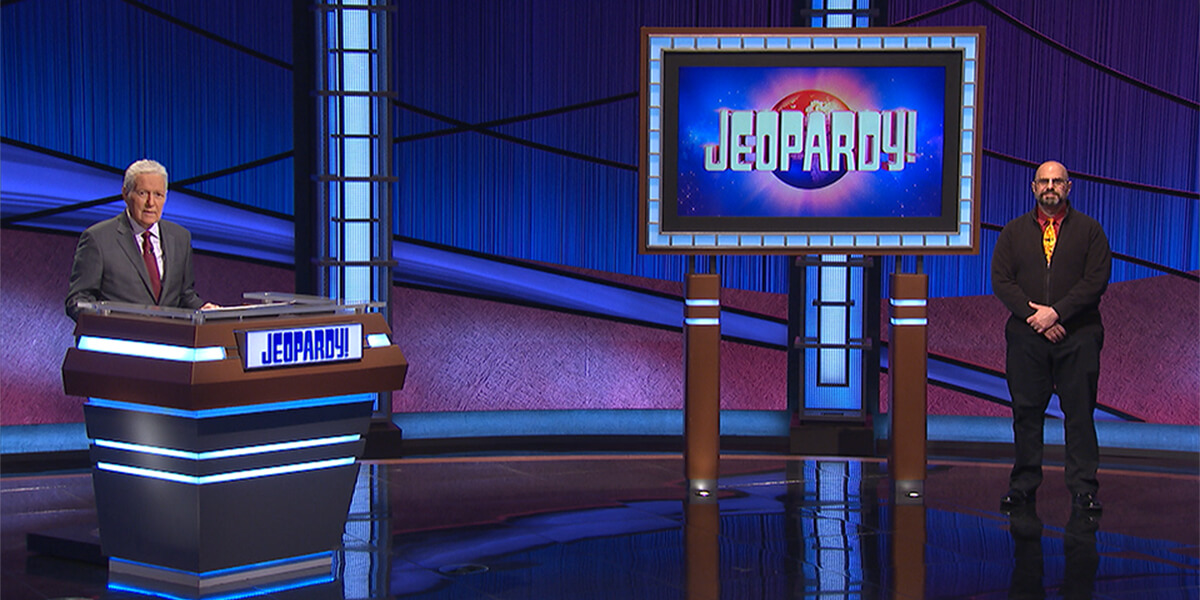 Alex Trebek and James Gilligan on the Jeopardy! set