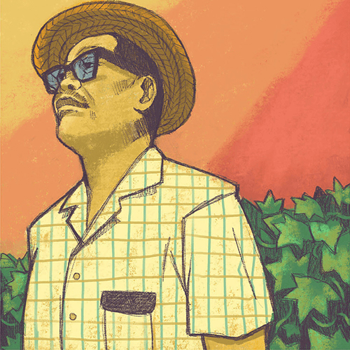 Drawing of Larry Itliong wearing hat and plaid shirt standing in front of a bush
