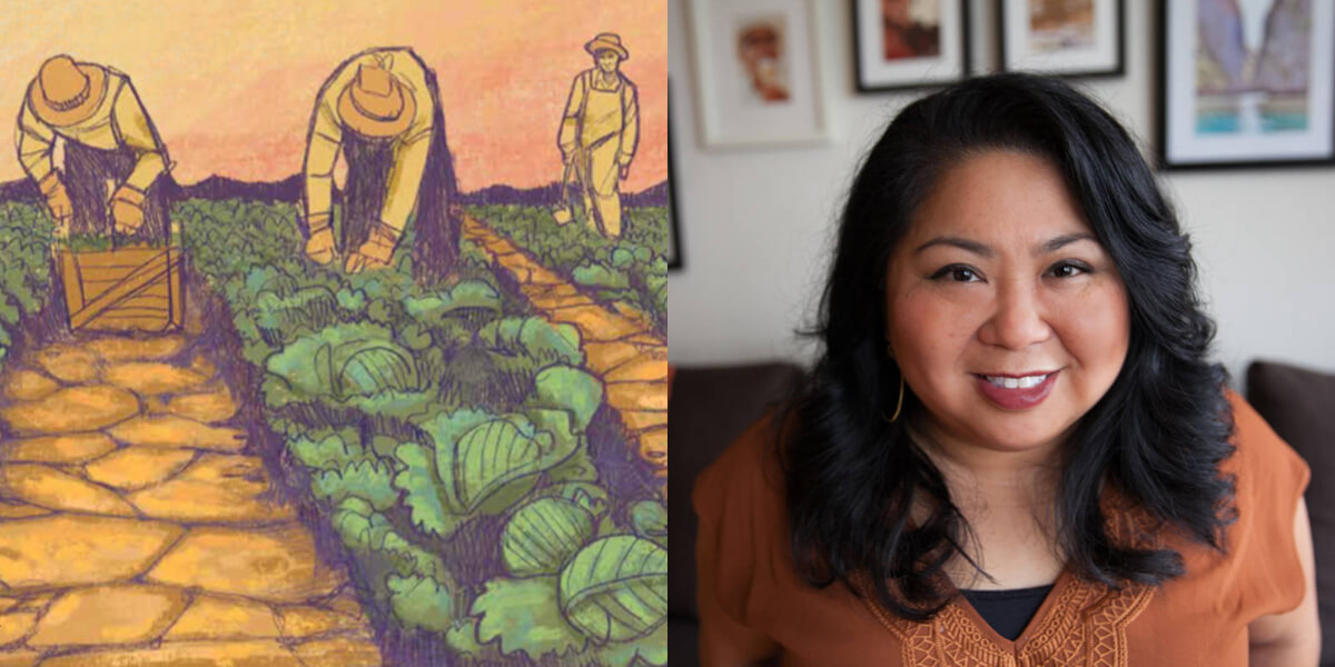 Drawing of farmworkers picking vegetables and photo of Dawn Mabalon