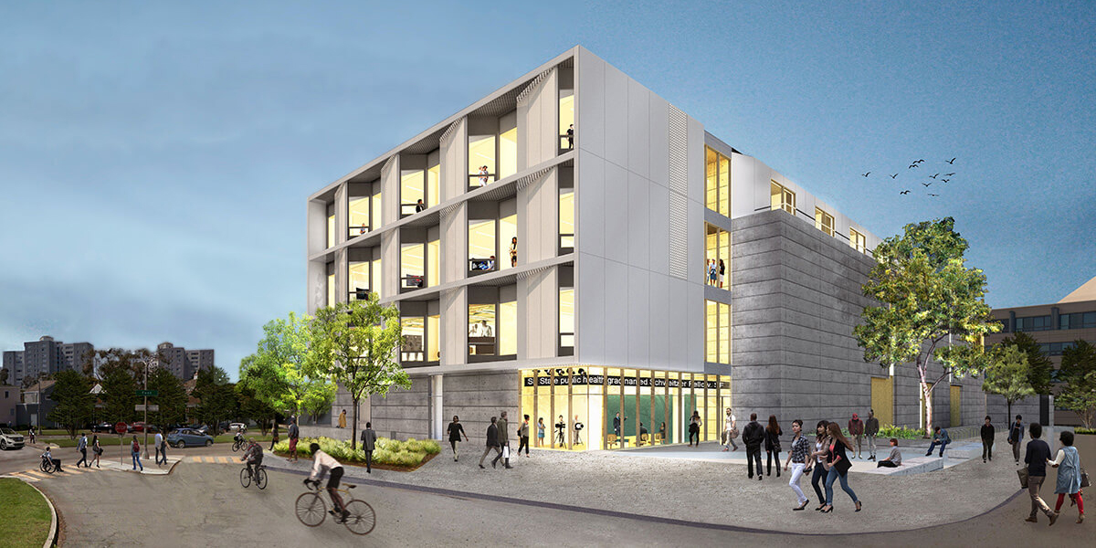 Graphic image of a rendering of external view of new Liberal and Creative Arts Building