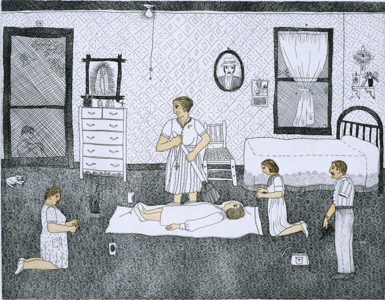 Carmen Lomas Garza's drawing La Curandera depicting five people in a home with two kneeling, one laying on a blanket, one sweeping and one standing up