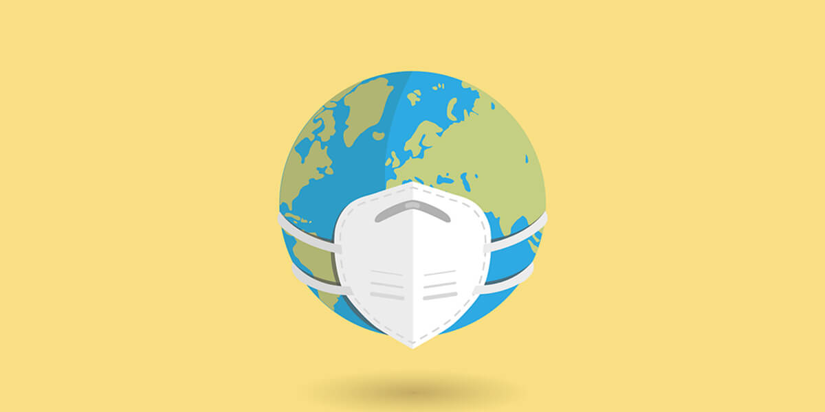 Graphic of a face mask wrapped around a globe in front of a yellow background