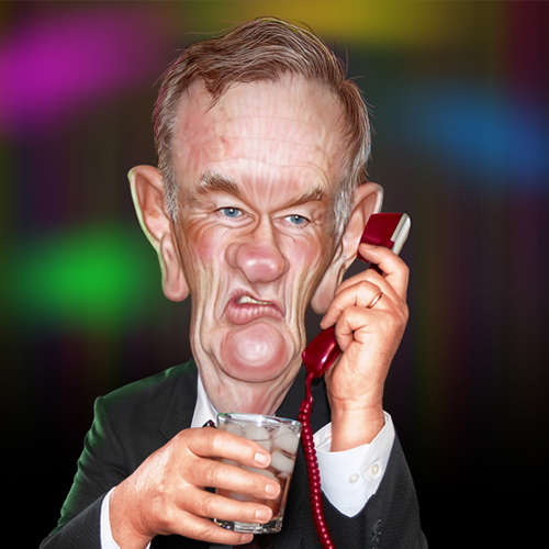 Caricature of Bill O'Reilly holding phone and beverage