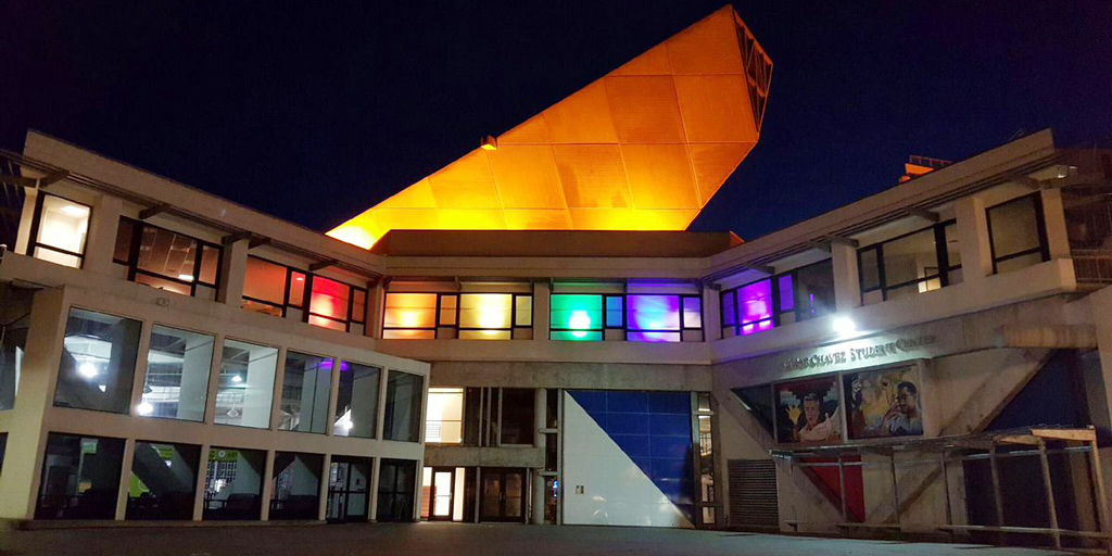 Photo of Cesar Chavez Student Center at night
