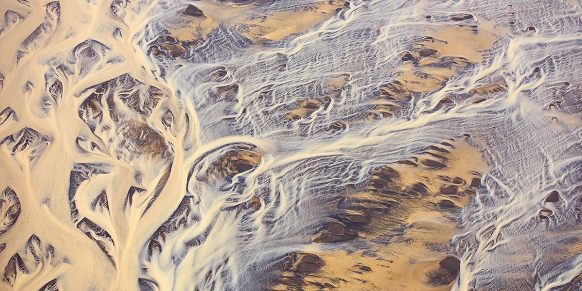 Aerial photo of glacial rivers in Iceland