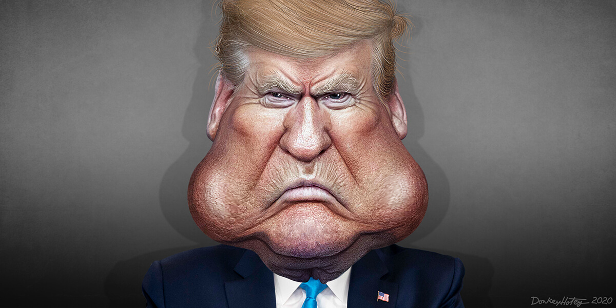 Caricature drawing of Donald Trump scowling