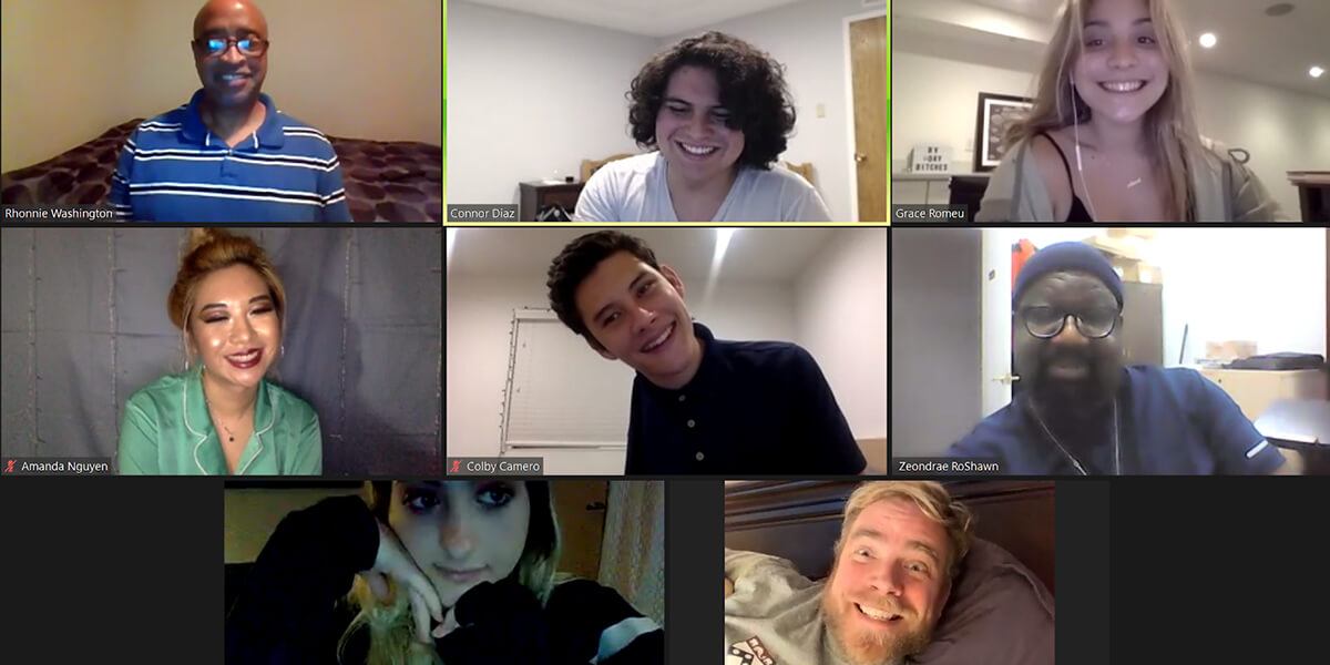 Screenshot of Zoom meeting with eight cast and crew members from Water by the Spoonful