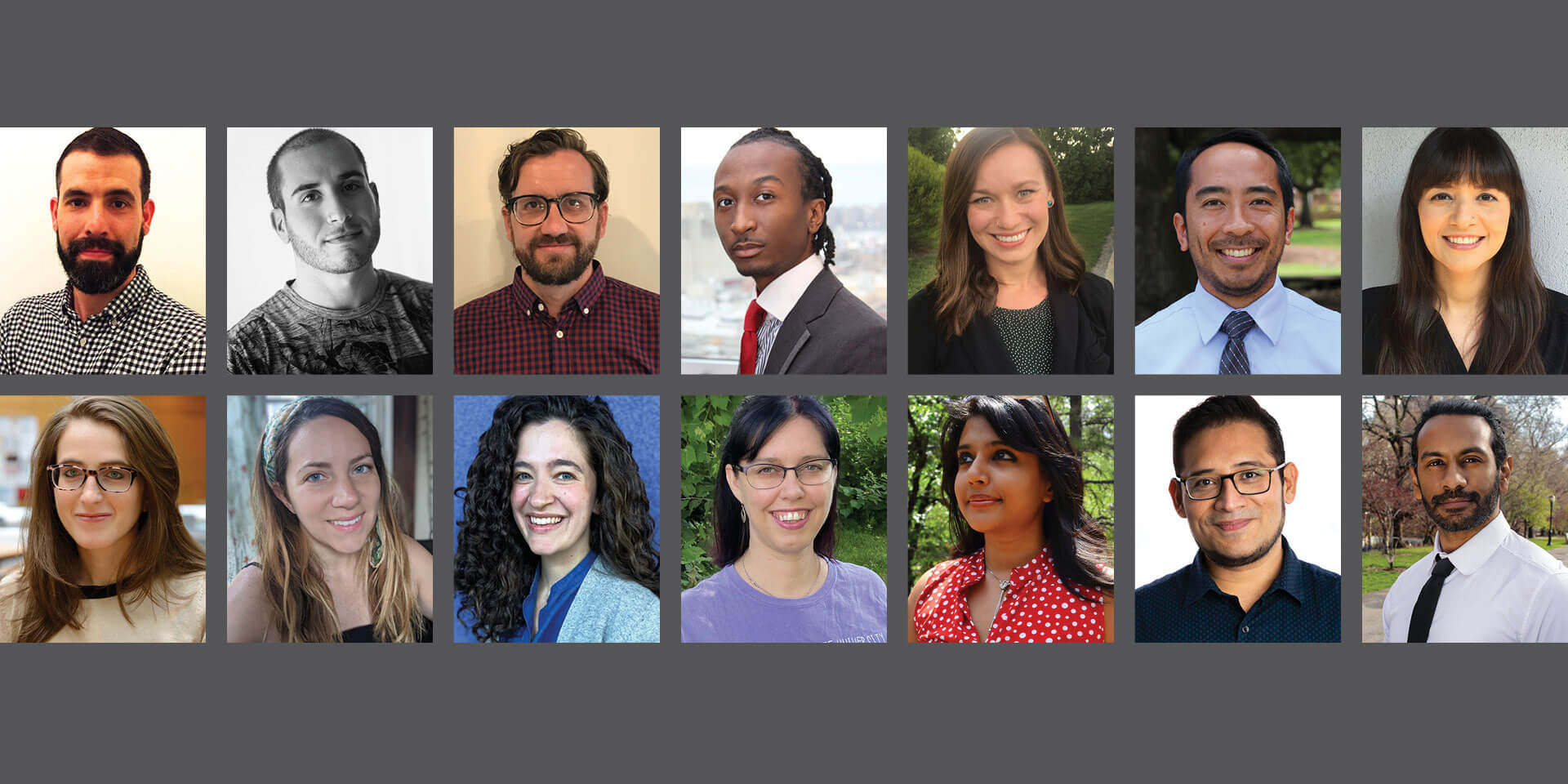 Thumbnail photos of each of the 14 new tenure-track faculty members in the College of Liberal & Creative Arts