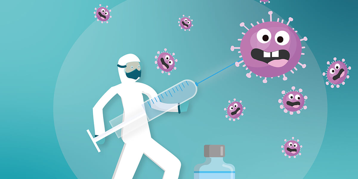 Illustration of medical worker holding large syringe toward coronavirus scared-faces