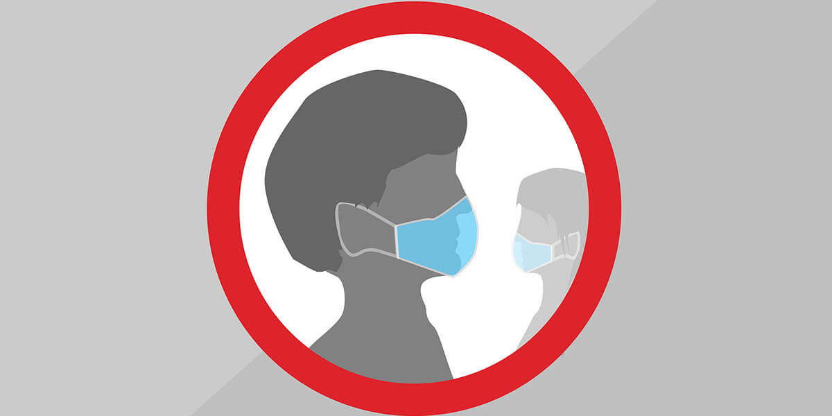 Graphic of two people wearing masks inside an open red circle