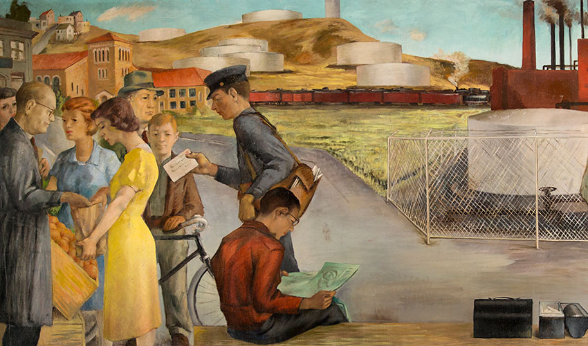 Image of Victor Arnautoff mural depicting people near refineries in Richmond