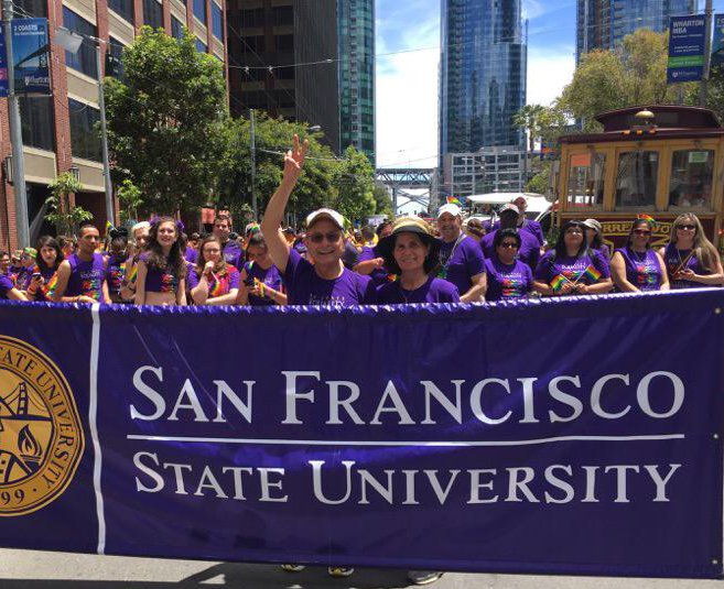 Photo of SF State contingent marching in Pride Parade